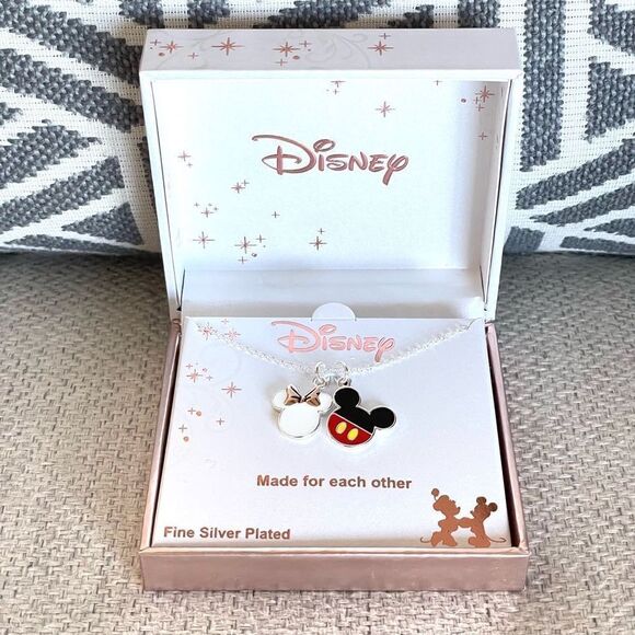NWT Disney Mickey Minnie Mouse Made for each other Fine Silver Pleated Necklace - Picture 1 of 12